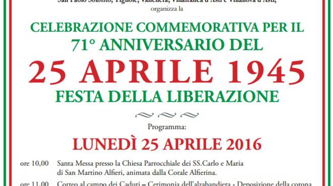 A San Martino Alfieri domani la celebrazione del 71° anniversario della Liberazione