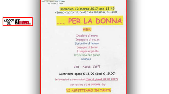 Asti, domenica 12 il quartiere San Fedele organizza un pranzo ...per la Donna