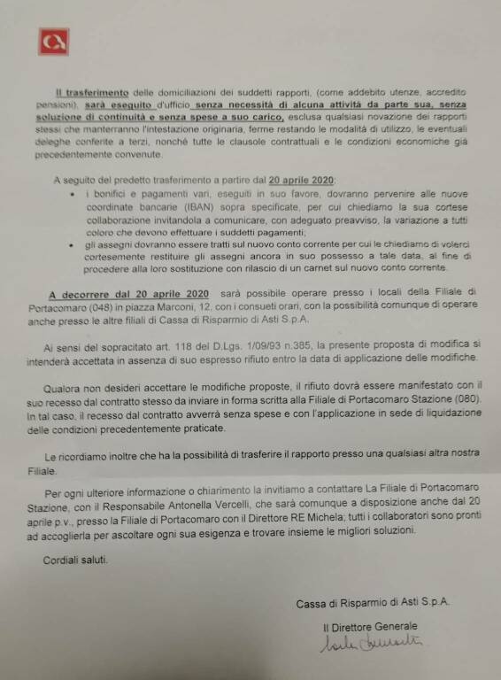 lettera correntisti cr asti portacomaro stazione