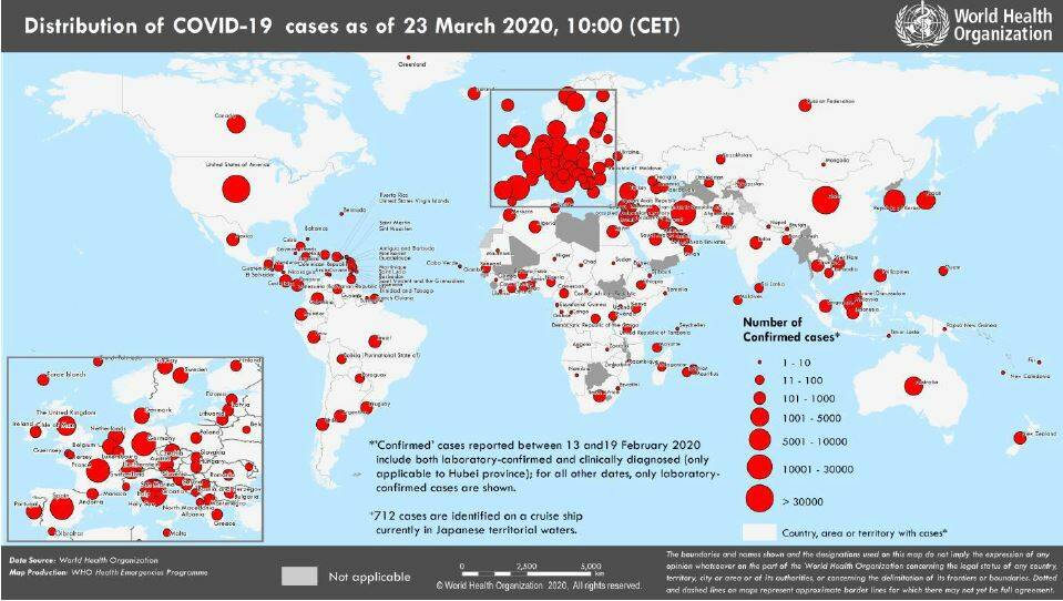 Fig. 1 Mappa della diffusione globale del covid-19 (OMS, 23 marzo 2020)