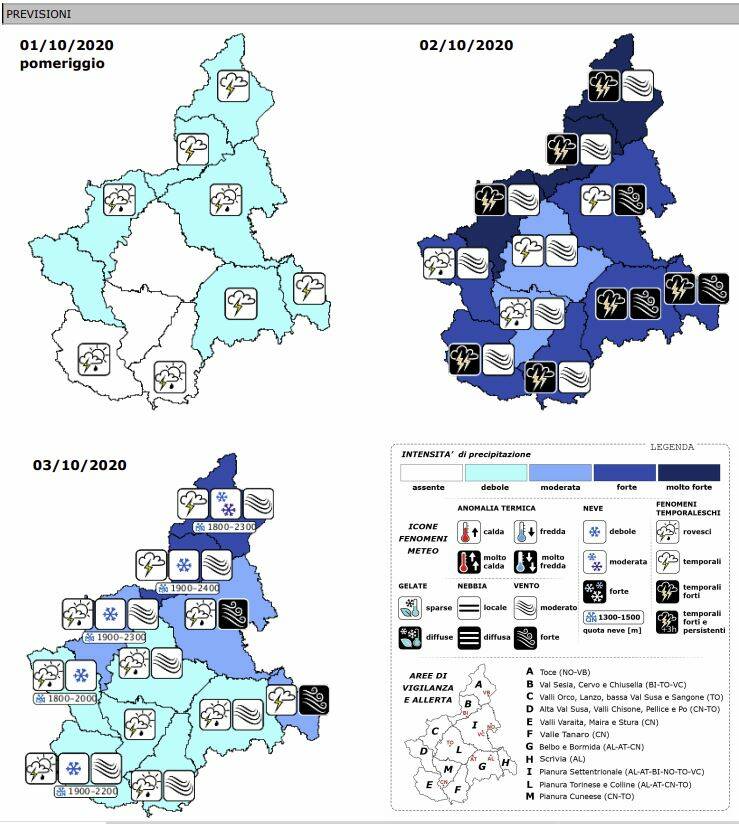 previsioni precipitazioni arpa piemonte 1/2/3 ottobre 2020