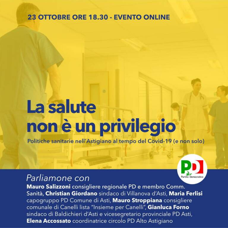 Salute, venerdì dibattito online con Mauro Salizzoni organnizzato dal PD di Asti