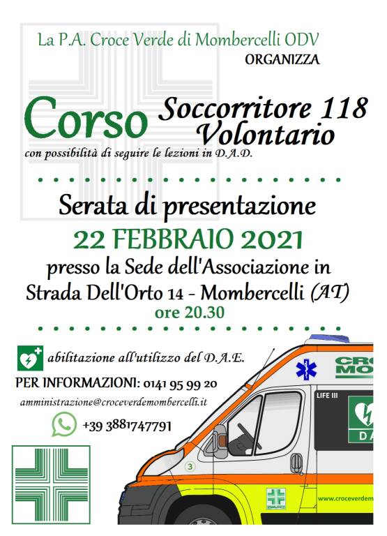 Croce Verde Mombercelli: corso per soccorritori volontari 118