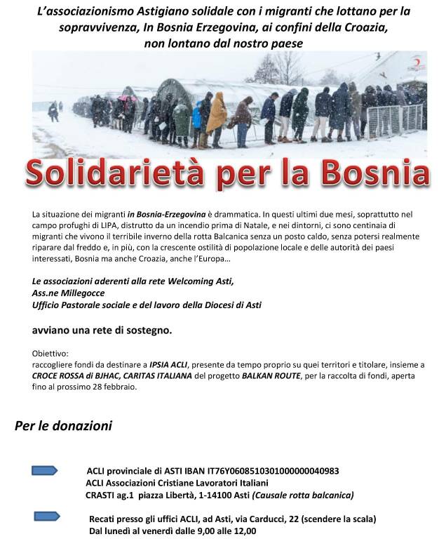 Rete Welcoming Asti, avviata una raccolta fondi per i profughi bloccati in Bosnia