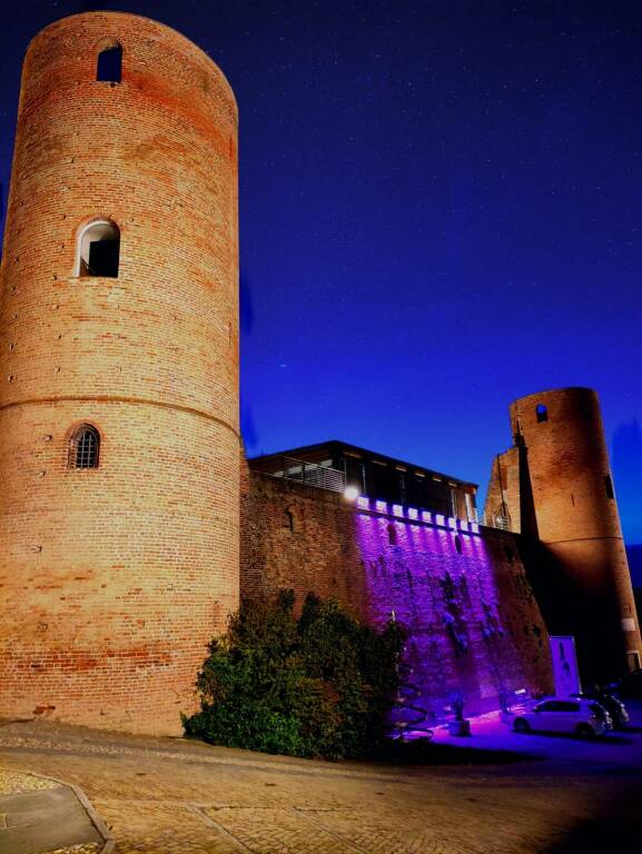 castello di moasca illuminato rosa