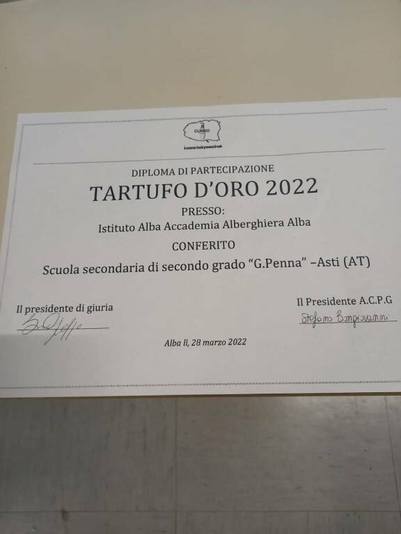 "Tartufo d'Oro 2022 per il miglior dolce" allievi penna san damiano