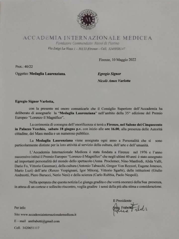 Medaglia Laurenziana a nicolà varlotta istituto penna